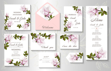 Fototapeta na wymiar Wedding invitation with twig blooming Magnolia. Magnolia flowers, isolated on white. Vector illustration.