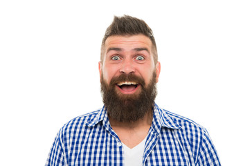 Obraz premium what a great surprise. happy after hairdresser salon. barbershop master. mustache from barber. Mature hipster with beard. trendsetter hipster with mustache isolated on white. mustachioed and bearded