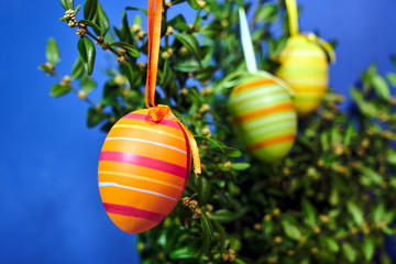 Painted Easter egg hung on a boxwood bush on a blue background.