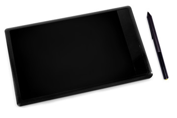 A graphic tablet and a pen for drawing, retouching on white background, isolated.