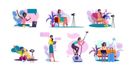 Video blogger set. Women posing and speaking for video camera on vacation, in gym, at home with laptop. Flat illustrations. Blogging concept for banner, website design or landing web page