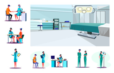Obraz premium Set of confident lab worker, doctor and nurses. Flat illustrations of medical staff with patients. Health care concept for banner, website design or landing web page