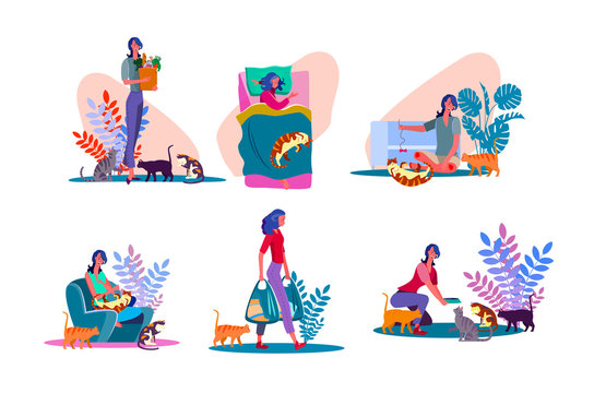 Cat Lover Person Set. Woman Playing With Cats, Feeding Pets. Flat Illustrations. Animals Care Or Hobby Concept For Banner, Website Design Or Landing Web Page