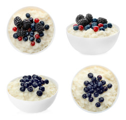 Set of different delicious rice puddings on white background