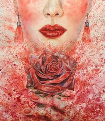 Watercolor beautiful girl holding a red  rose in her hands. Woman style.  Red background, lips, rose, earrings, manicure. Vertical view, copy-space. Template for designs, card, posters, wallpaper.