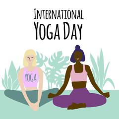illustration of International Yoga Day two womans doing asana for in nature.