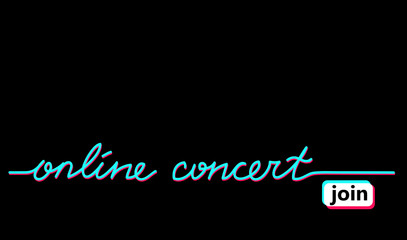Online concert black web banner, background with tiktok colors. Lettering Online concert and join button. Minimalist black background for tik tok. - obrazy, fototapety, plakaty