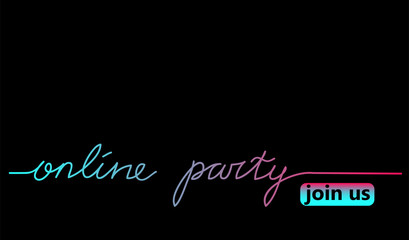 Online party black web banner, background with tiktok colors. Lettering Online concert and join button. Minimalist black poster for tik tok.