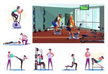 Set of sportsmen during workout at gym. Flat illustrations of people training with trainer or alone. Sport concept for banner, website design or landing web page