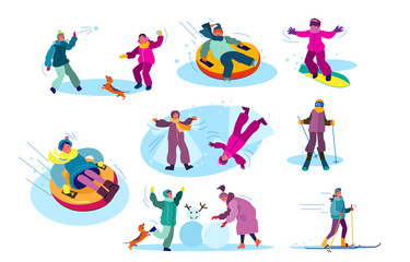 Set of people playing winter games. Group of children and parents spending time outdoors. Winter holidays concept. illustration can be used for presentation, project, webpage