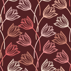 Fototapeta na wymiar Seamless vector botanical colourful pattern with lined decorative spring light tulips on dark background in red tones. Can be used for printing on paper, stickers, badges, bijouterie, cards, textiles
