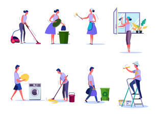 Cleaning and housekeeping set. Woman removing trash, washing window, man moping floor. People concept. illustration for topics like household, service, clean-up - obrazy, fototapety, plakaty
