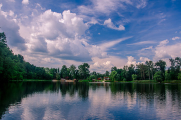 water, river, sky, lake, landscape, nature, summer, forest, blue, cloud, clouds, tree, green, trees, reflection, park, scene, pond, beautiful, grass, outdoors, day, season, view, spring