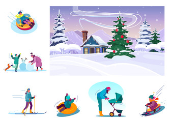 Set of people enjoying winter holidays. Flat illustrations of family making snowman, woman skiing and walking with child. Winter holidays concept for banner, website design or landing web page
