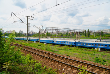 Fototapeta premium Railway trains in springtime, Kiev, Ukraine