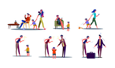 Fototapeta na wymiar Toxic parents illustration set. Parents rowing, drinking alcohol, getting divorced, shouting at child. Family concept. illustration for topics like problem, childhood, conflict