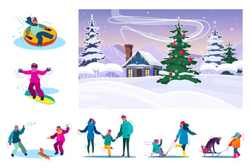 Fototapeta premium Set of family resting during snowy winter. Flat illustrations of people snowboarding, playing snowballs, skating, riding sledge. concept for banner, website design or landing web page