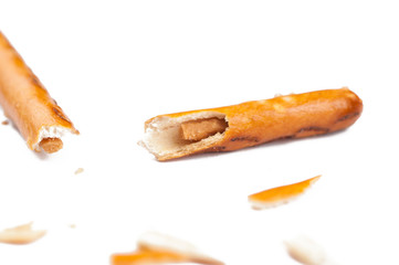 Salty cracker pretzel sticks isolated on white background.Copy space