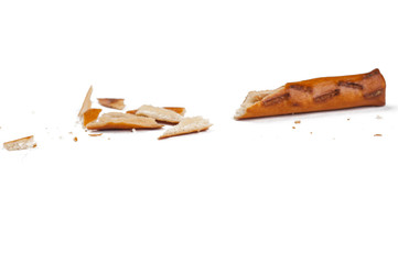 Salty cracker pretzel sticks isolated on white background.Copy space