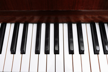 Fototapeta na wymiar Piano keyboard, close up of keys. Black and white keys of a piano background