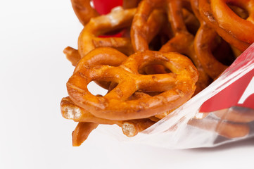 Salt pretzels isolated on white background.Copy space