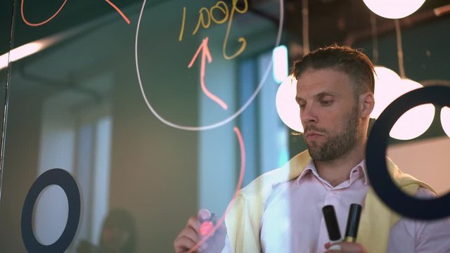 Intelligent man preparing to business presentation analyzing progressive information during working process near modern glass board, clever male leader developing market plan in boardroom