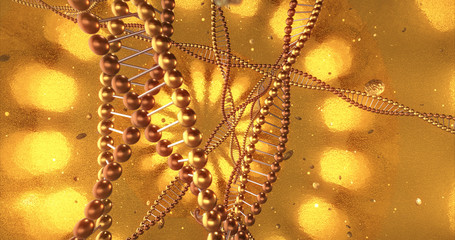 Golden geometric background with swirls of DNA molecules. 3D Rendering