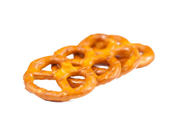 Salt pretzels isolated on white background.Copy space