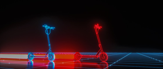 virtual e scooter pulls a beam behind it (3d rendering)