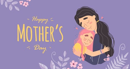 Obraz na płótnie Canvas Mothers day greeting card, Mom and girl are smiling and hugging