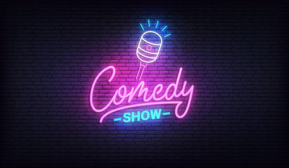 Comedy show neon template. Comedy lettering and glowing neon microphone