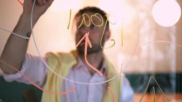 Progressive businessman in smart casual clothing working on productive plan for creative project, Caucasian male employer analyzing report information writing ideas on glass board