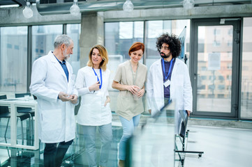 Front view of group of doctors walking in corridor on conference.