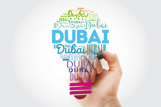 Dubai light bulb word cloud, travel concept background