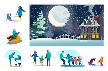 Set of happy families enjoying winter at rural area. Flat illustrations of people skating, spending time together. Winter leisure concept for banner, website design or landing web page