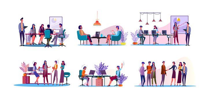 Corporate discussion illustration set. Colleagues meeting at table, discussing project at workplaces. Communication concept. illustration for topics like business, partnership, teamwork