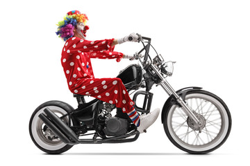 Excited clown riding a chopper motorbike
