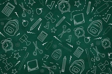 Dark green blackboard with white school supplies doodles. Back to school concept.