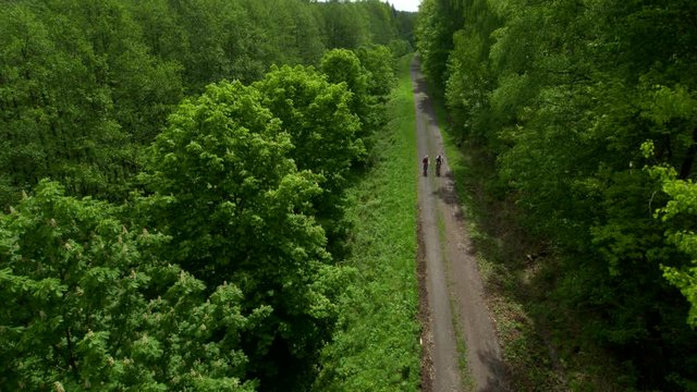 aerial of mountain bikers cycling along a trail