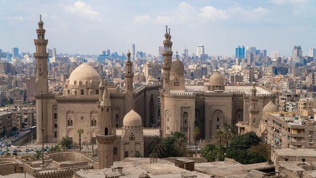 Aerial View Of The Old Part Of Cairo. Mosque-Madrassa Of Sultan Hassan. Cairo. Egypt. Timelapse.