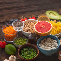 Great set of healthy products on a wooden table. best vitamins for beautiful skin. Products with...
