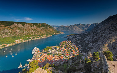 View on Kotor Bay with the medieval castle and with ships