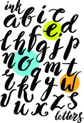 Naklejka na ściany i meble Set of hand drawn ink letters alphabet. English lowercase brush script font. Vector lettering design. 