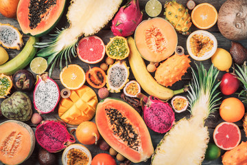 Exotic fruits - pineapple, papaya, mango, annona, banana, pitahaya, kiwano, african horned melon,...