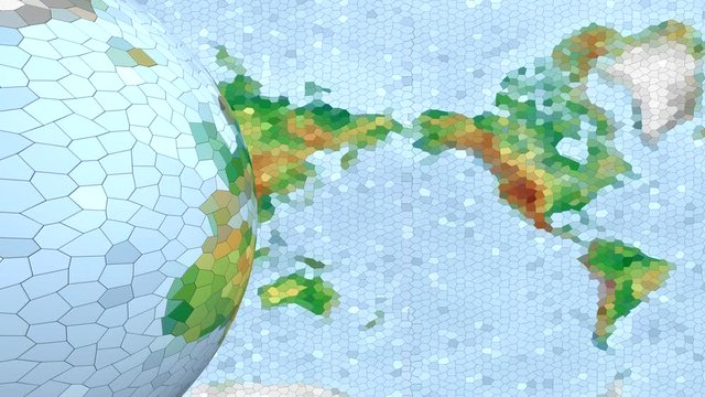 A globe with a low poly image rotates in 3D space against the background of a flat image of the Earth broken into cells with black veins. Recoded from 3D high quality 4K program.