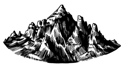 Alps Mountains. Chamonix-Mont-Blanc peaks. Vintage rock, old highlands range. Hand drawn vector outdoor sketch in engraved style. Hiking card, climbing banner, tattoo or label.