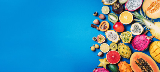 Exotic fruits - pineapple, papaya, mango, annona, banana, pitahaya, kiwano, african horned melon, tamarillo fruit, granadilla, salak, snake fruit, maracuya, rambutan, lychee, longan, tamarind