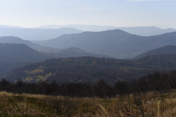 Bieszczady Mountain park with top view in high sun