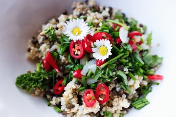 Fototapeta na wymiar Healthy fresh spring salad bowl. Quinoa with vegetables and black lentils beluga. Closeup photography. Decorated with daisies flowers.