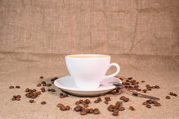 Tasty and fragrant cappuccino on the background of the canvas.